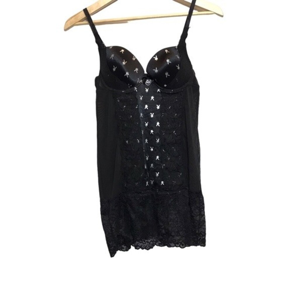 Playboy intimate black and silver metallic sheer and lace mini‎ dress